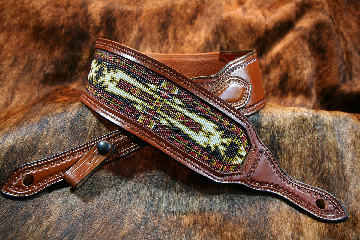 Custom Handmade Padded Leather Guitar Strap – Beaded "Horse Thieves" Design - Image 2