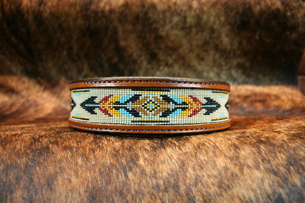 Tribal Feather Beaded Leather Dog Collar