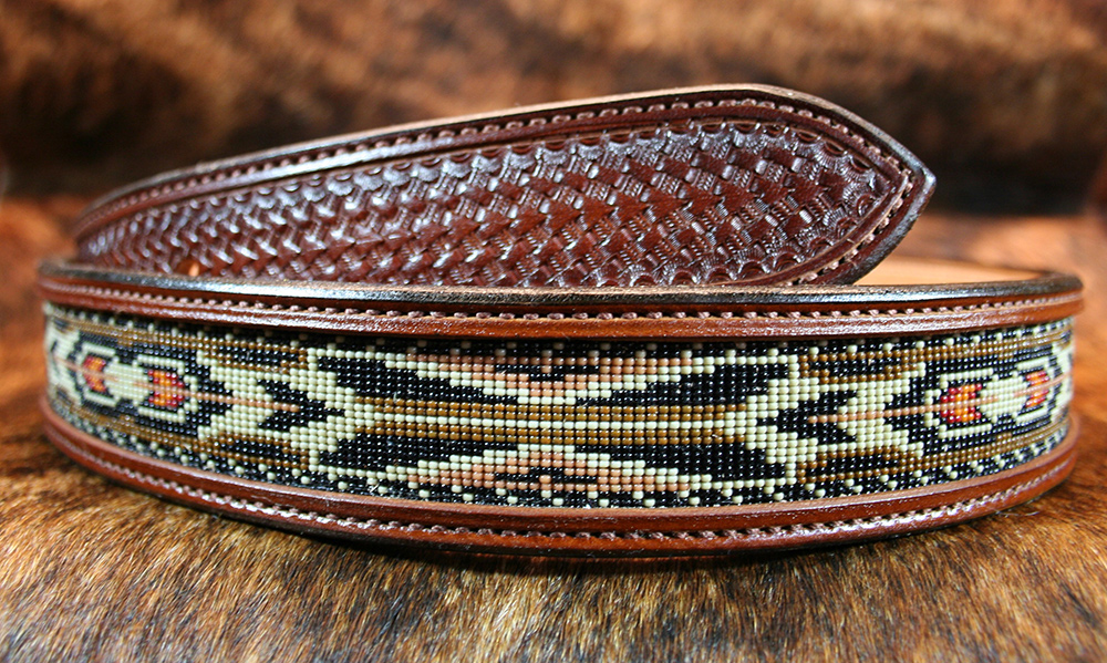 Frontier Feather Beaded Leather Western Belt